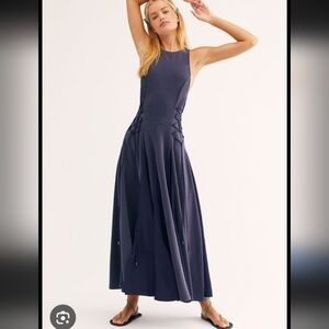 Free People Stella Cupro Navy Blue Lace-up Pleated Midi Maxi Dress Size M Boho